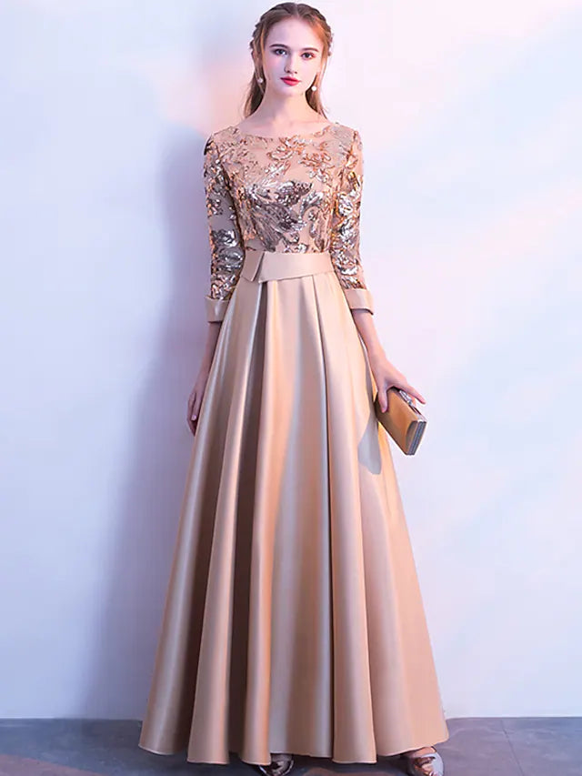 Elegant Prom Formal Evening Dress Jewel Neck Length Sleeve Floor Length Satin with Sequin Elegant Prom Formal Evening Dress Jewel Neck Length Sleeve Floor Length Satin with Sequin