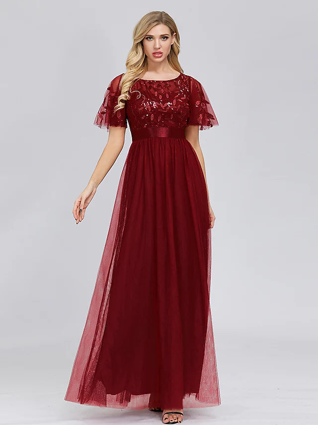 Empire Elegant Party Wear Prom Dress Jewel Neck Short Sleeve Floor Length Tulle with Embroidery Empire Elegant Party Wear Prom Dress Jewel Neck Short Sleeve Floor Length Tulle with Embroidery