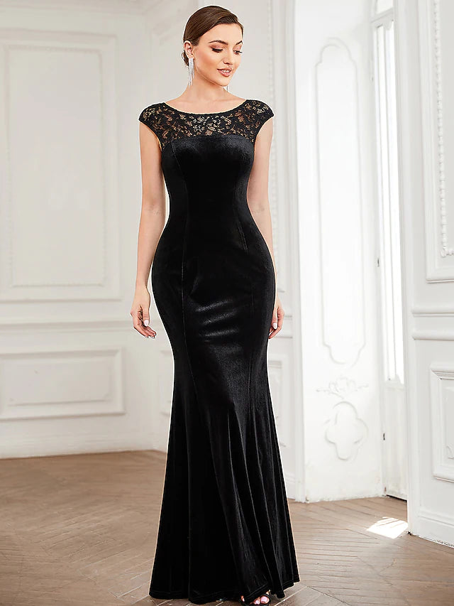 Evening Gown Elegant Dress Formal Floor Length Short Sleeve Jewel Neck Velvet with Lace Insert Evening Gown Elegant Dress Formal Floor Length Short Sleeve Jewel Neck Velvet with Lace Insert