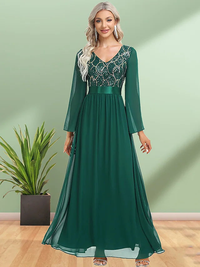 Evening Gown Elegant Dress Party Wear Floor Length Long Sleeve V Neck Chiffon with Sequin Evening Gown Elegant Dress Party Wear Floor Length Long Sleeve V Neck Chiffon with Sequin
