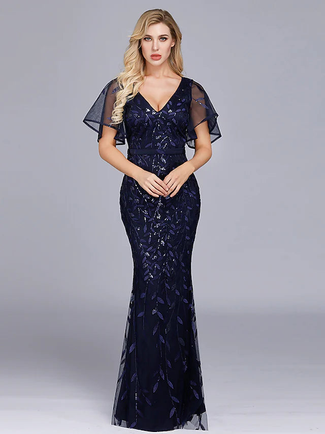 Evening Gown Empire Dress Party Wear Floor Length Short Sleeve Jewel Neck Tulle with Ruffles Embroidery Evening Gown Empire Dress Party Wear Floor Length Short Sleeve Jewel Neck Tulle with Ruffles Embroidery