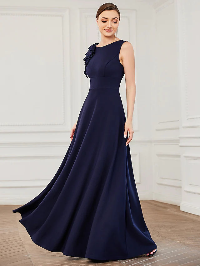 Evening Gown Plus Size Dress Formal Floor Length Sleeveless Jewel Neck Polyester with Draping Appliques Pure Evening Gown Plus Size Dress Formal Floor Length Sleeveless Jewel Neck Polyester with Draping Appliques Pure