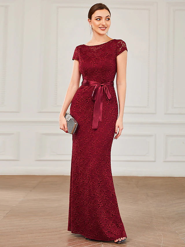 Evening Gown Vintage Dress Formal Floor Length Short Sleeve Jewel Neck Lace V Back with Strappy Evening Gown Vintage Dress Formal Floor Length Short Sleeve Jewel Neck Lace V Back with Strappy
