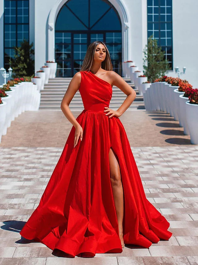 High Split Prom Formal Evening Dress One Shoulder Sleeveless Floor Length Charmeuse with Ruched Slit High Split Prom Formal Evening Dress One Shoulder Sleeveless Floor Length Charmeuse with Ruched Slit