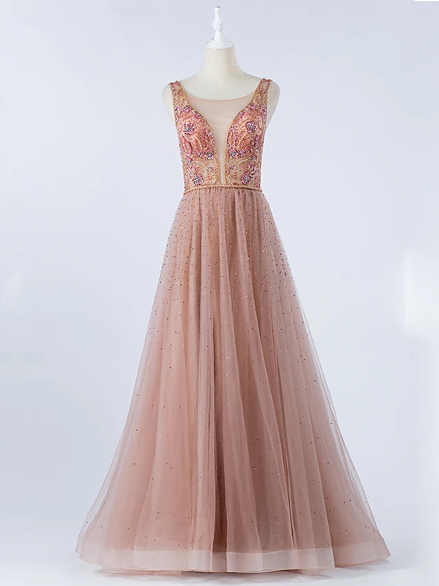 Luxurious Prom Formal Evening Dress Illusion Neck Backless Sleeveless Floor Length Tulle with Crystals Beading Luxurious Prom Formal Evening Dress Illusion Neck Backless Sleeveless Floor Length Tulle with Crystals Beading