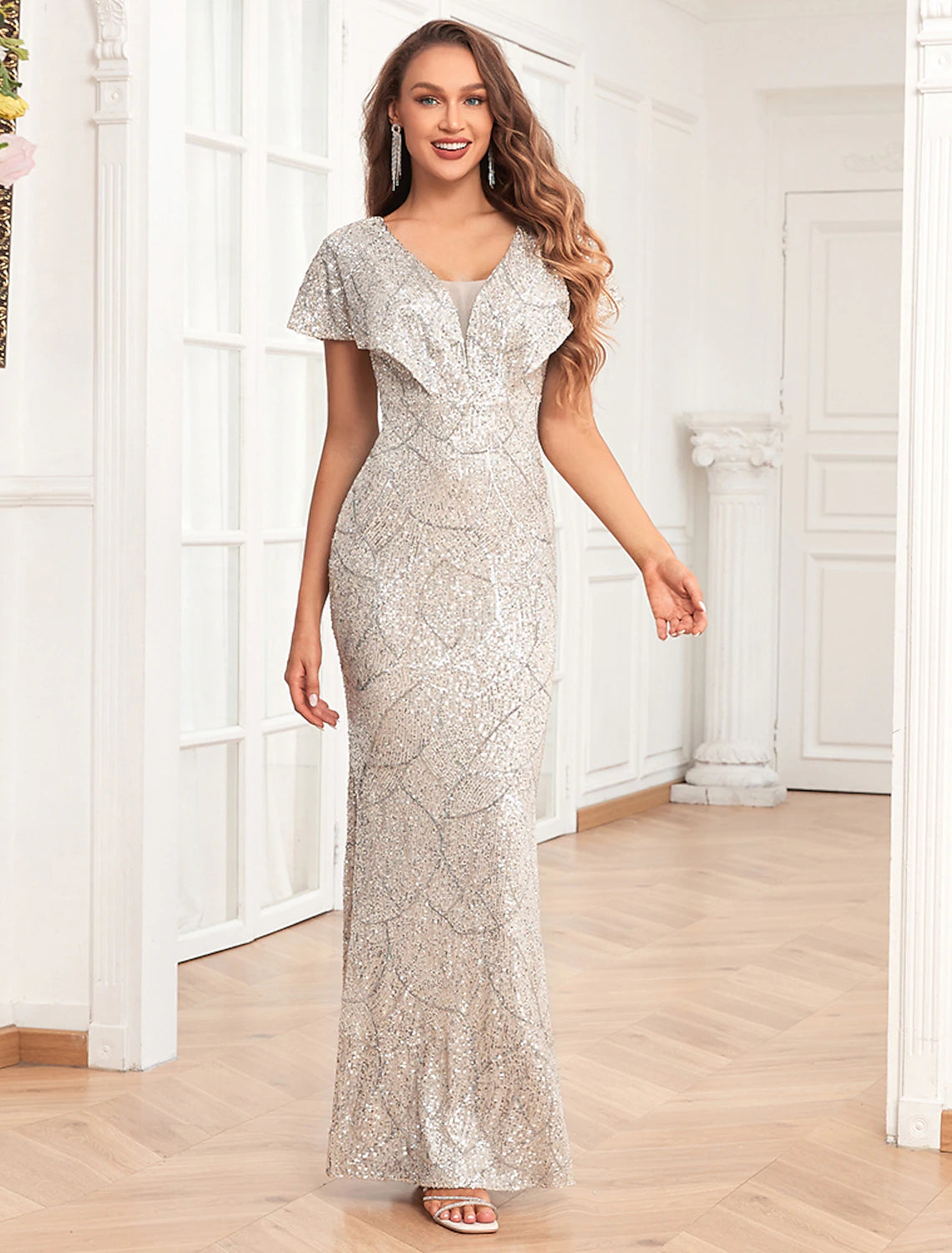 Mermaid / Trumpet Evening Gown Elegant Dress Evening Party Prom Floor Length Short Sleeve V Neck Fall Wedding Reception Sequined V Back with Sequin Mermaid / Trumpet Evening Gown Elegant Dress Evening Party Prom Floor Length Short Sleeve V Neck Fall Wedding Reception Sequined V Back with Sequin