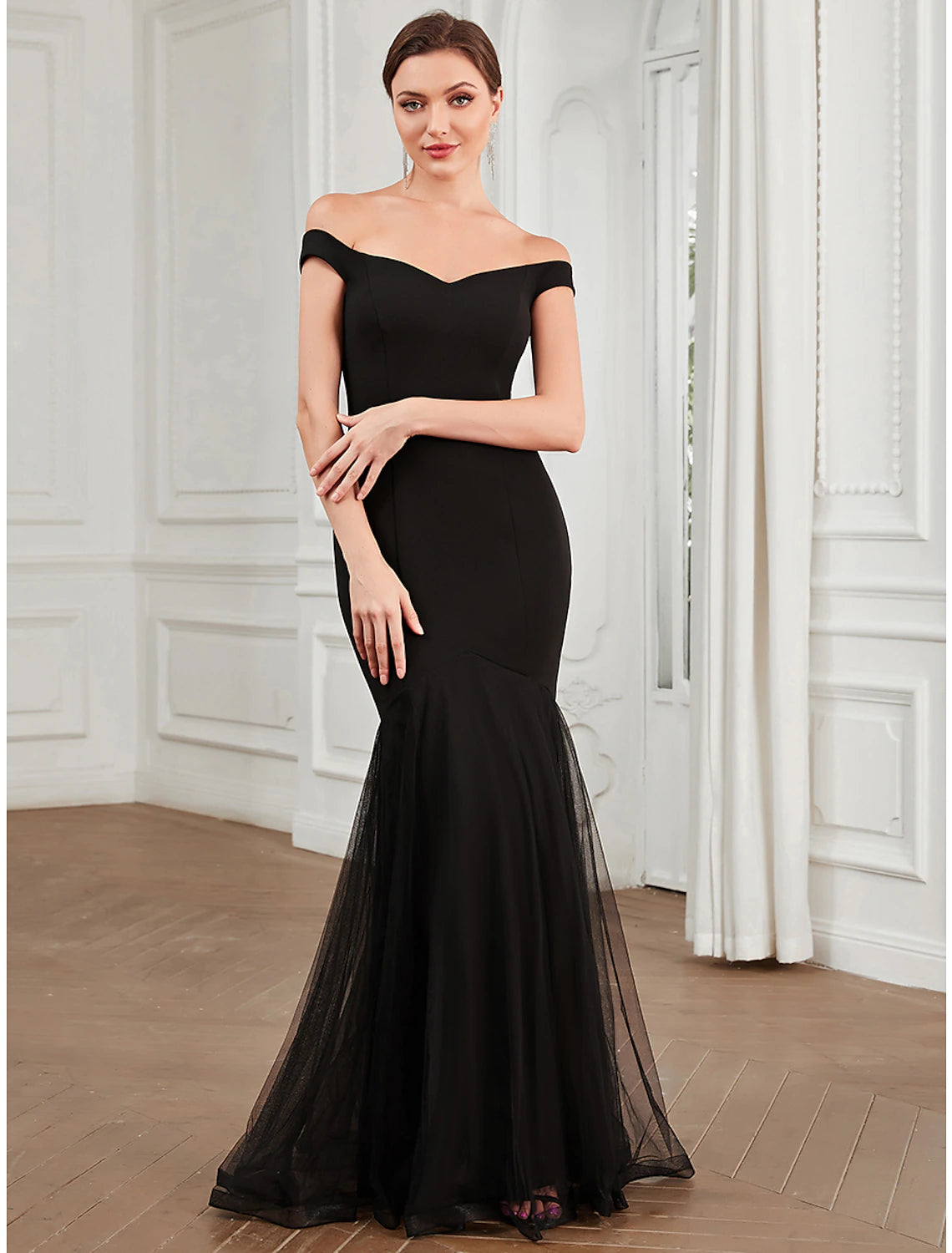 Mermaid / Trumpet Evening Gown Elegant Dress Party Wear Floor Length Sleeveless Off Shoulder Polyester with Pleats Mermaid / Trumpet Evening Gown Elegant Dress Party Wear Floor Length Sleeveless Off Shoulder Polyester with Pleats