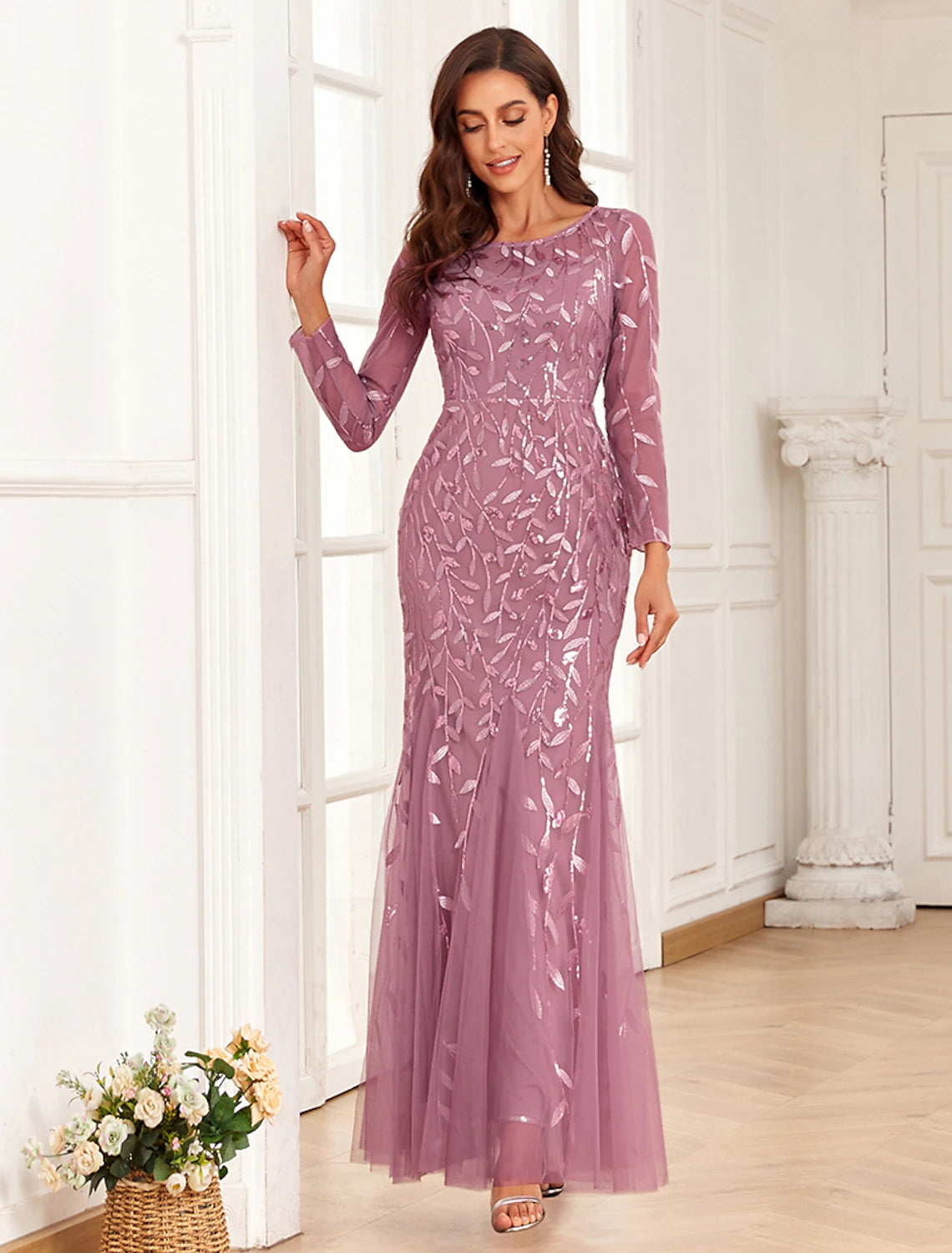 Mermaid / Trumpet Evening Gown Elegant Dress Prom Wedding Party Floor Length Long Sleeve Jewel Neck Tulle with Embroidery Mermaid / Trumpet Evening Gown Elegant Dress Prom Wedding Party Floor Length Long Sleeve Jewel Neck Tulle with Embroidery