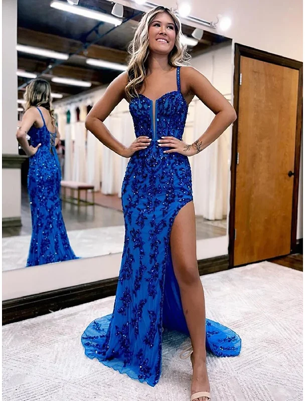 Mermaid / Trumpet Evening Gown Open Back Dress Formal Sweep / Brush Train Sleeveless V Neck Tulle Backless with Slit Appliques Mermaid / Trumpet Evening Gown Open Back Dress Formal Sweep / Brush Train Sleeveless V Neck Tulle Backless with Slit Appliques