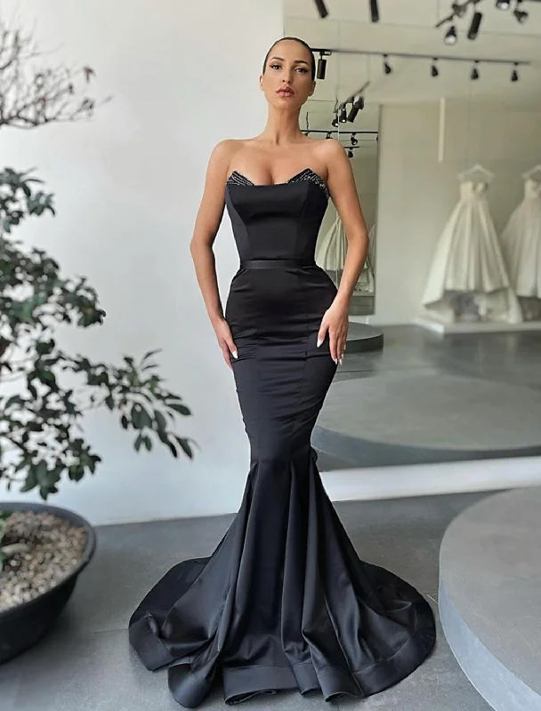 Mermaid / Trumpet Evening Gown Sexy Dress Formal Floor Length Sleeveless Strapless Satin Backless with Beading Mermaid / Trumpet Evening Gown Sexy Dress Formal Floor Length Sleeveless Strapless Satin Backless with Beading