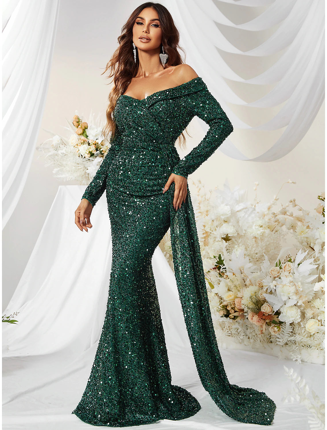 Mermaid / Trumpet Evening Gown Sparkle & Shine Dress Formal Cocktail Party Sweep / Brush Train Long Sleeve Off Shoulder Polyester with Sequin Mermaid / Trumpet Evening Gown Sparkle & Shine Dress Formal Cocktail Party Sweep / Brush Train Long Sleeve Off Shoulder Polyester with Sequin