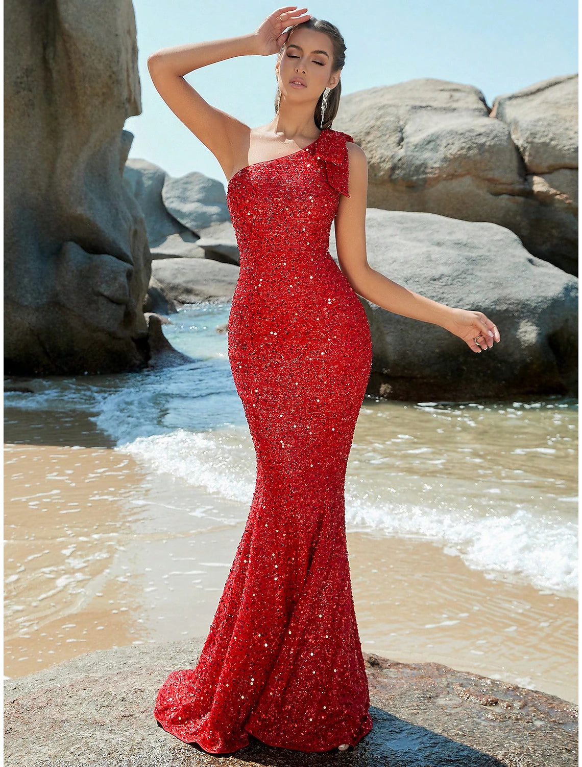 Mermaid / Trumpet Evening Gown Sparkle & Shine Dress Formal Fall Sweep / Brush Train Sleeveless One Shoulder Sequined with Glitter Shouder Flower Mermaid / Trumpet Evening Gown Sparkle & Shine Dress Formal Fall Sweep / Brush Train Sleeveless One Shoulder Sequined with Glitter Shouder Flower