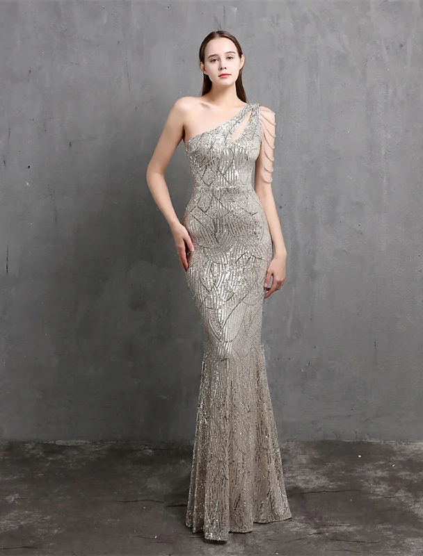 Mermaid / Trumpet Evening Gown Sparkle & Shine Dress Formal Floor Length Short Sleeve One Shoulder Sequined with Sequin Mermaid / Trumpet Evening Gown Sparkle & Shine Dress Formal Floor Length Short Sleeve One Shoulder Sequined with Sequin