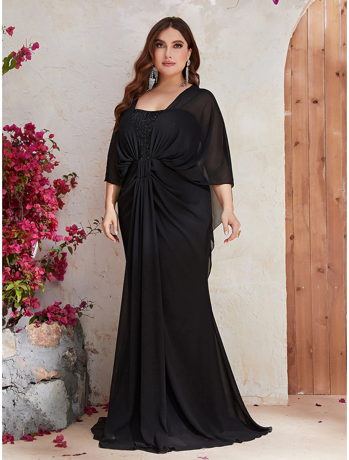 Mermaid / Trumpet Wedding Guest Dresses Plus Size Dress Formal Evening Party Sweep / Brush Train Long Sleeve V Neck Polyester with Sequin Shawl Mermaid / Trumpet Wedding Guest Dresses Plus Size Dress Formal Evening Party Sweep / Brush Train Long Sleeve V Neck Polyester with Sequin Shawl