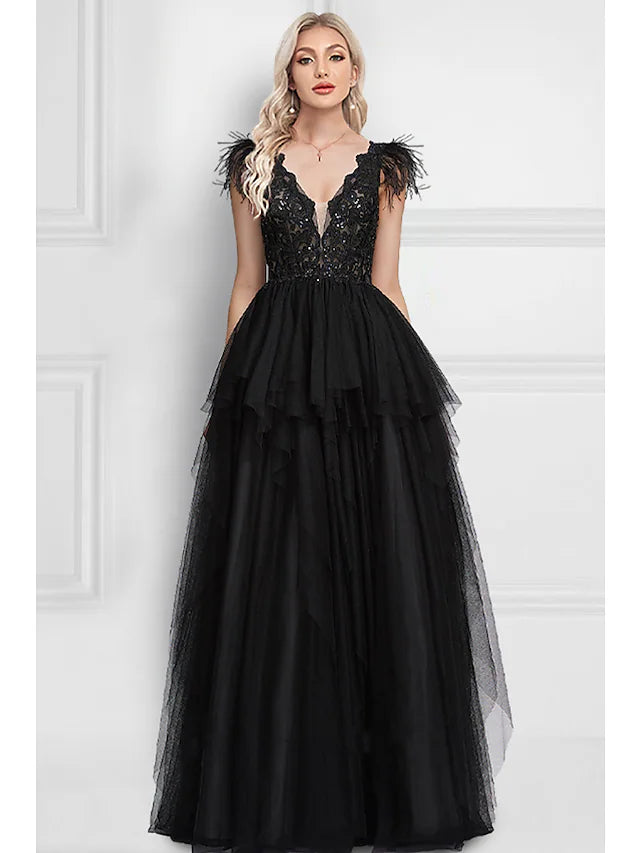 Prom Dresses Black Dress Wedding Party Floor Length Sleeveless V Neck Tulle with Feather Appliques Prom Dresses Black Dress Wedding Party Floor Length Sleeveless V Neck Tulle with Feather Appliques