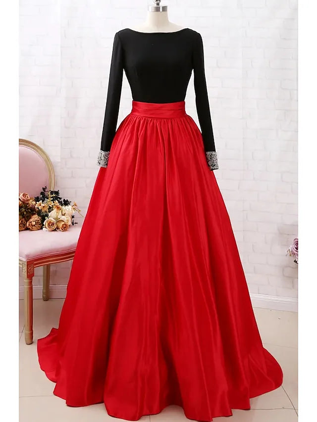 Prom Dresses Color Block Dress Party Wear Court Train Long Sleeve Jewel Neck Satin with Pleats Prom Dresses Color Block Dress Party Wear Court Train Long Sleeve Jewel Neck Satin with Pleats