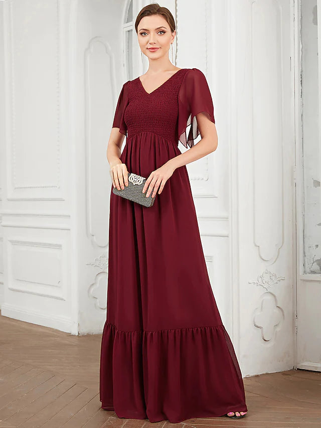 Prom Dresses Elegant Dress Party Wear Floor Length Short Sleeve V Neck Chiffon with Pleats Prom Dresses Elegant Dress Party Wear Floor Length Short Sleeve V Neck Chiffon with Pleats