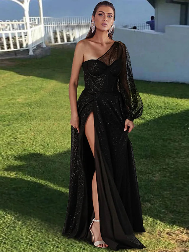 Prom Dresses Sparkle & Shine Dress Party Wear Floor Length Long Sleeve One Shoulder Wednesday Addams Family Tulle with Pleats Sequin Slit Prom Dresses Sparkle & Shine Dress Party Wear Floor Length Long Sleeve One Shoulder Wednesday Addams Family Tulle with Pleats Sequin Slit