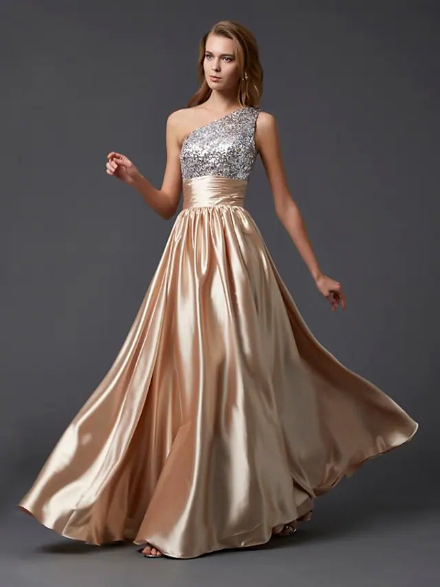 Prom Dresses Sparkle & Shine Dress Party Wear Floor Length Sleeveless One Shoulder Charmeuse with Pleats Sequin Prom Dresses Sparkle & Shine Dress Party Wear Floor Length Sleeveless One Shoulder Charmeuse with Pleats Sequin