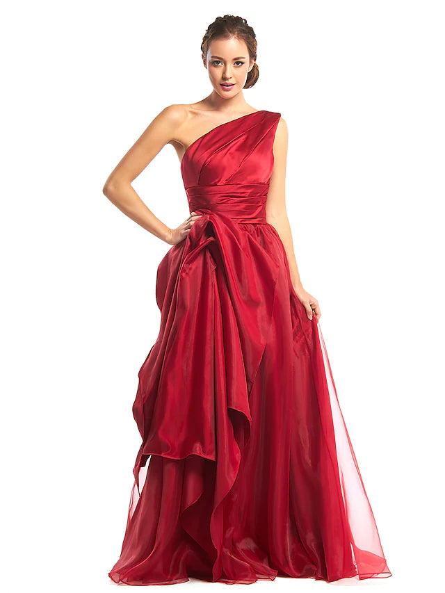 Prom Formal Evening Dress One Shoulder Sleeveless Floor Length Organza with Side Draping Prom Formal Evening Dress One Shoulder Sleeveless Floor Length Organza with Side Draping