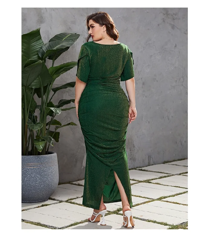 Ruched V-Neck Split Wrap Ankle-Length Party Dress