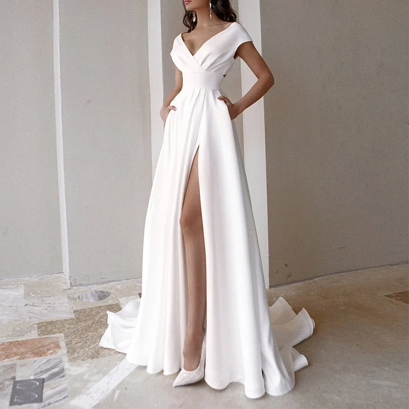 Solid Color Evening V-neck Sexy White Long Dress