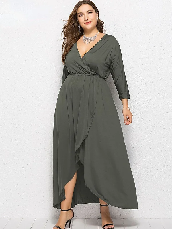 Solid Curve Pleated Waist Party Ruffled Dress