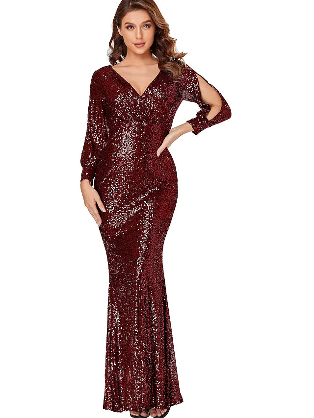 Sparkle Boho Prom Formal Evening Dress V Neck Long Sleeve Floor Length Polyester with Criss Cross Sequin Sparkle Boho Prom Formal Evening Dress V Neck Long Sleeve Floor Length Polyester with Criss Cross Sequin