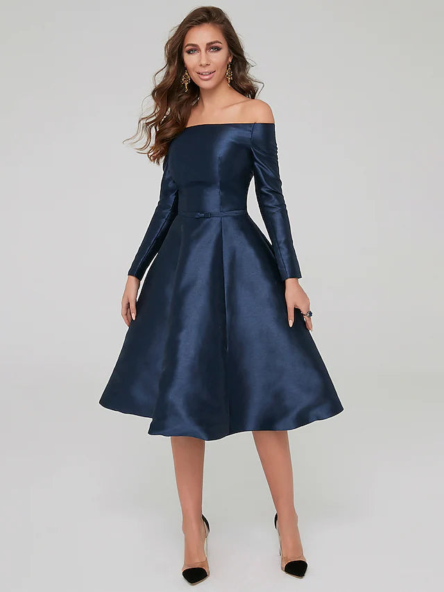 Special Occasion Dresses Party Dress Wedding Guest Knee Length Long Sleeve Off Shoulder Satin with Pleats Special Occasion Dresses Party Dress Wedding Guest Knee Length Long Sleeve Off Shoulder Satin with Pleats