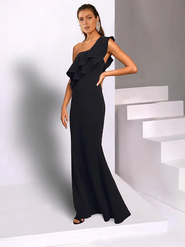 Wedding Guest Dresses Black Dress Wedding Party Floor Length Sleeveless One Shoulder Chiffon with Ruffles Wedding Guest Dresses Black Dress Wedding Party Floor Length Sleeveless One Shoulder Chiffon with Ruffles