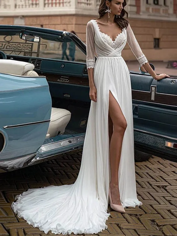 3/4 Sleeves Chiffon Lace Wedding Dresses, Long Wedding Dresses, Side Slit Wedding Dresses, 2021 Wedding Dresses 3/4 Sleeves Chiffon Lace Wedding Dresses, Long Wedding Dresses, Side Slit Wedding Dresses, 2021 Wedding Dresses