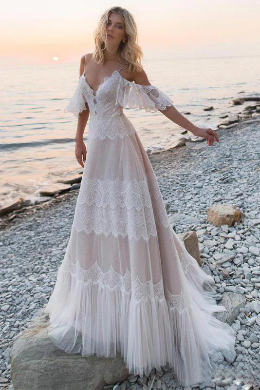 Bohemian Wedding Dresses Tempting Nude Champagne V Neck Chic Sleeves Straps Ruffles Lace A Line Backless Bridal Gowns Bohemian Wedding Dresses Tempting Nude Champagne V Neck Chic Sleeves Straps Ruffles Lace A Line Backless Bridal Gowns