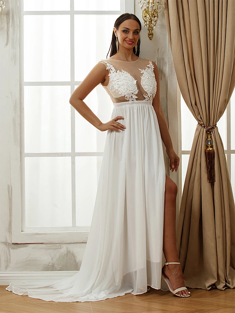 Boho Chiffon Wedding Dresses Appliques Lace O-Neck Sexy A-Line Bridal Gown Sweep Train Vestidos De Novia Boho Chiffon Wedding Dresses Appliques Lace O-Neck Sexy A-Line Bridal Gown Sweep Train Vestidos De Novia