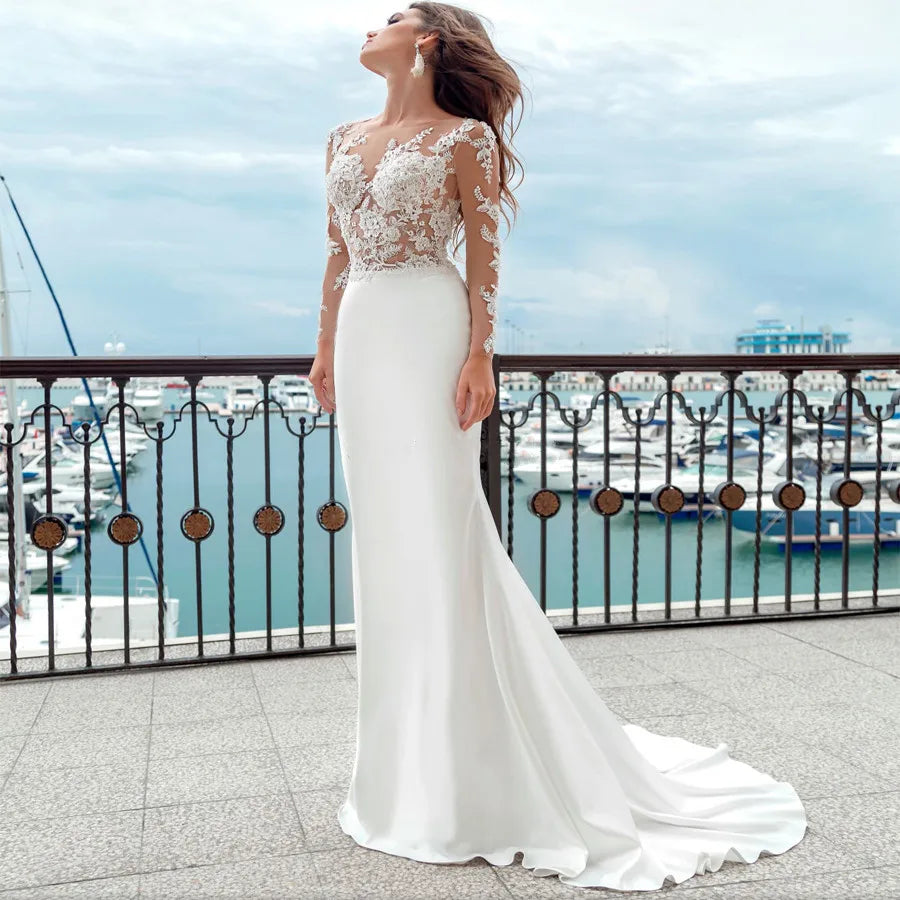 Boho Mermaid Wedding Dresses Long Sleeves Sheer Scoop Neckline Applique Satin Buttons Back Beach Bridal Gowns Sweep Train Boho Mermaid Wedding Dresses Long Sleeves Sheer Scoop Neckline Applique Satin Buttons Back Beach Bridal Gowns Sweep Train