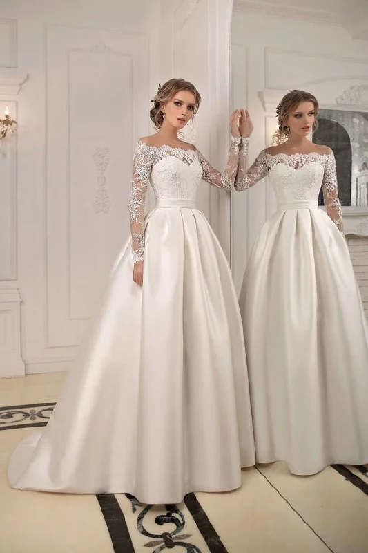Classic Wedding Dresses O-Neck Full Sleeves Zipper Lace Applique Bride Gowns Illusion Sweep Train A-Line Satin Vestidos De Novia