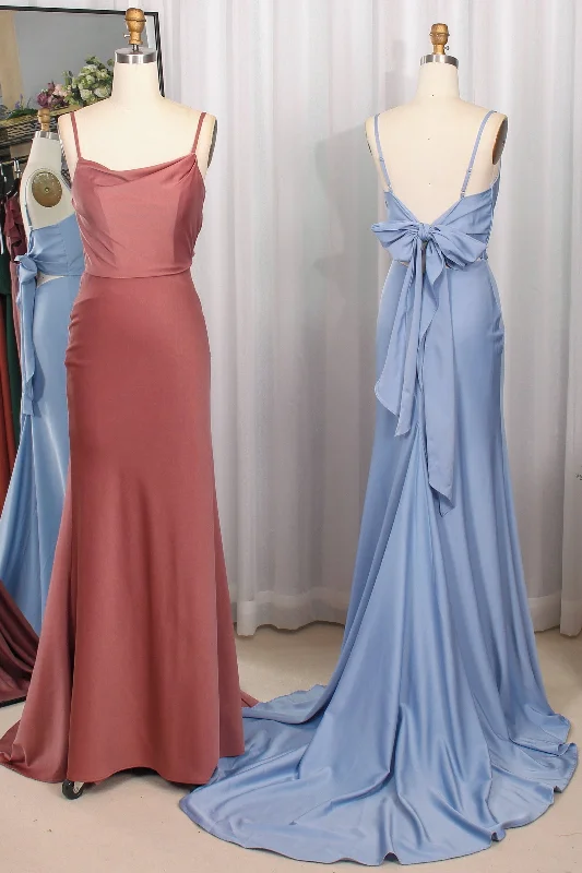 Cowl Neck spaghetti straps Bow Back Long Bridesmaid Dress