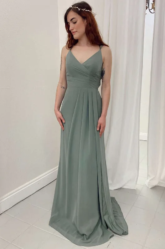 Dark Sage Green V-Neck A-Line Long Bridesmaid Dress