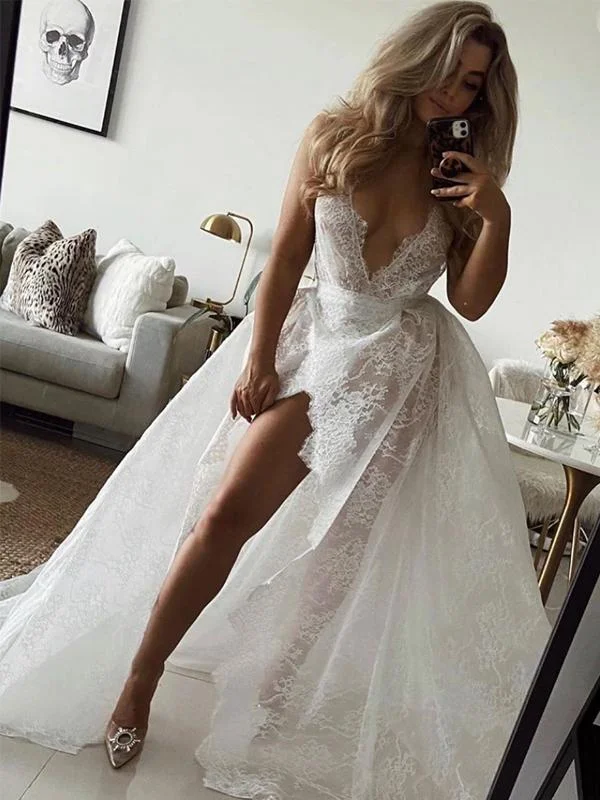 Deep V-neck Lace A-line Wedding Dresses, See Through Sexy Wedding Dresses, Bridal Gowns Deep V-neck Lace A-line Wedding Dresses, See Through Sexy Wedding Dresses, Bridal Gowns