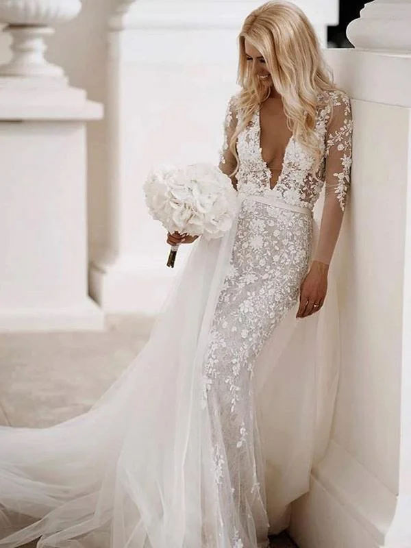 Deep V-neck Long Sleeves Lace Wedding Dresses, Mermaid Appliques Lace Wedding Dresses Deep V-neck Long Sleeves Lace Wedding Dresses, Mermaid Appliques Lace Wedding Dresses
