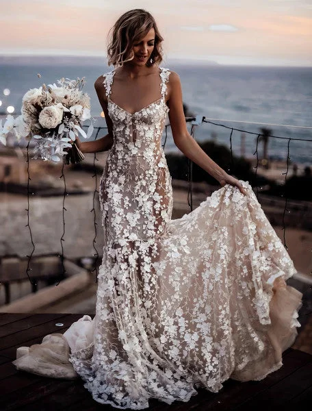 DREAM Luxury 3D Lace Appliques Mermaid Wedding Dresses Sweetheart Spaghetti Straps Backless Bride Gown Floral Beach Boho Bridal DREAM Luxury 3D Lace Appliques Mermaid Wedding Dresses Sweetheart Spaghetti Straps Backless Bride Gown Floral Beach Boho Bridal
