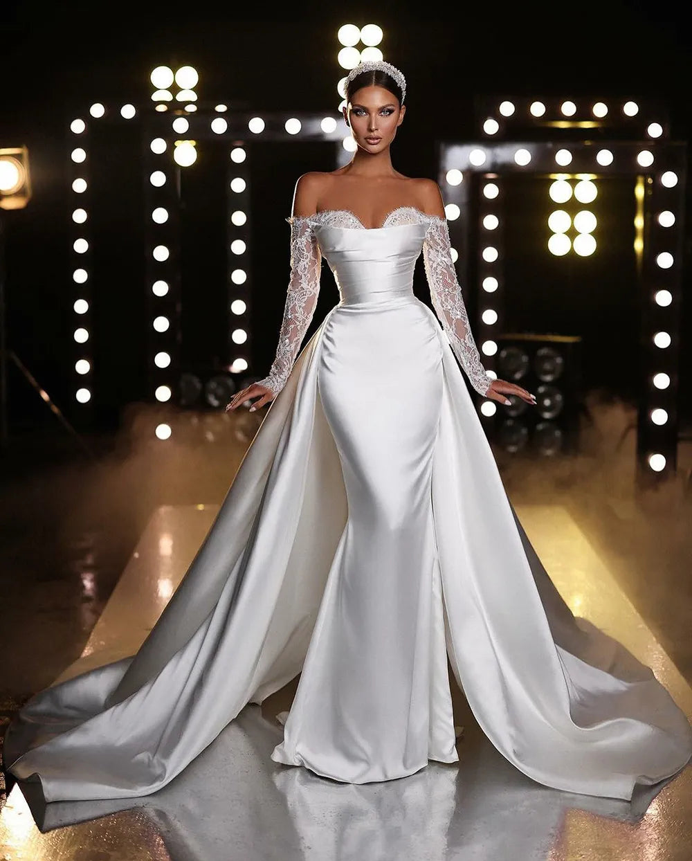 Dubai Off Shoulder Lace Long Sleeves Wedding Dresses With Detachable Train Sweetheart Mermaid Bridal Gowns Vestidos De Novia Dubai Off Shoulder Lace Long Sleeves Wedding Dresses With Detachable Train Sweetheart Mermaid Bridal Gowns Vestidos De Novia