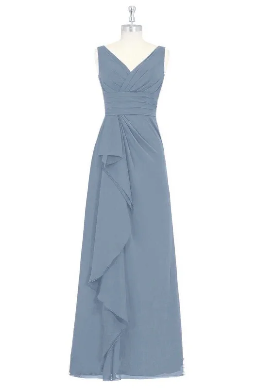 Dusty Blue V-Neck Backless Ruffled Long Bridesmaid Dress