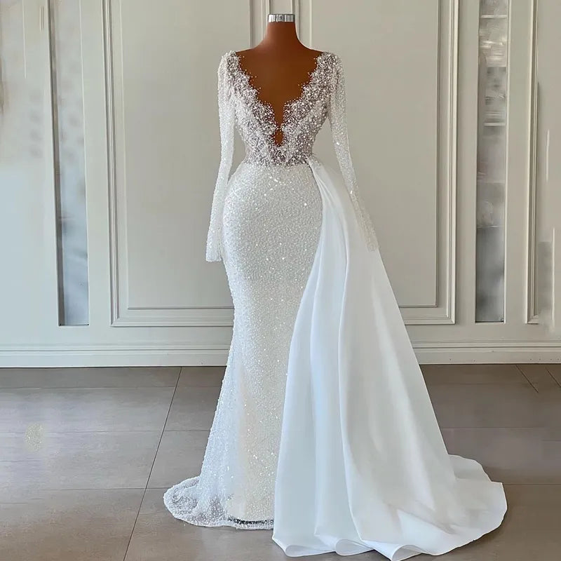 Eightre White Mermaid Wedding Dresses Boho Sequines Glitter Bride Dress V-Neck Long Sleeve Wedding Evening Prom Gowns Plus Size Eightre White Mermaid Wedding Dresses Boho Sequines Glitter Bride Dress V-Neck Long Sleeve Wedding Evening Prom Gowns Plus Size