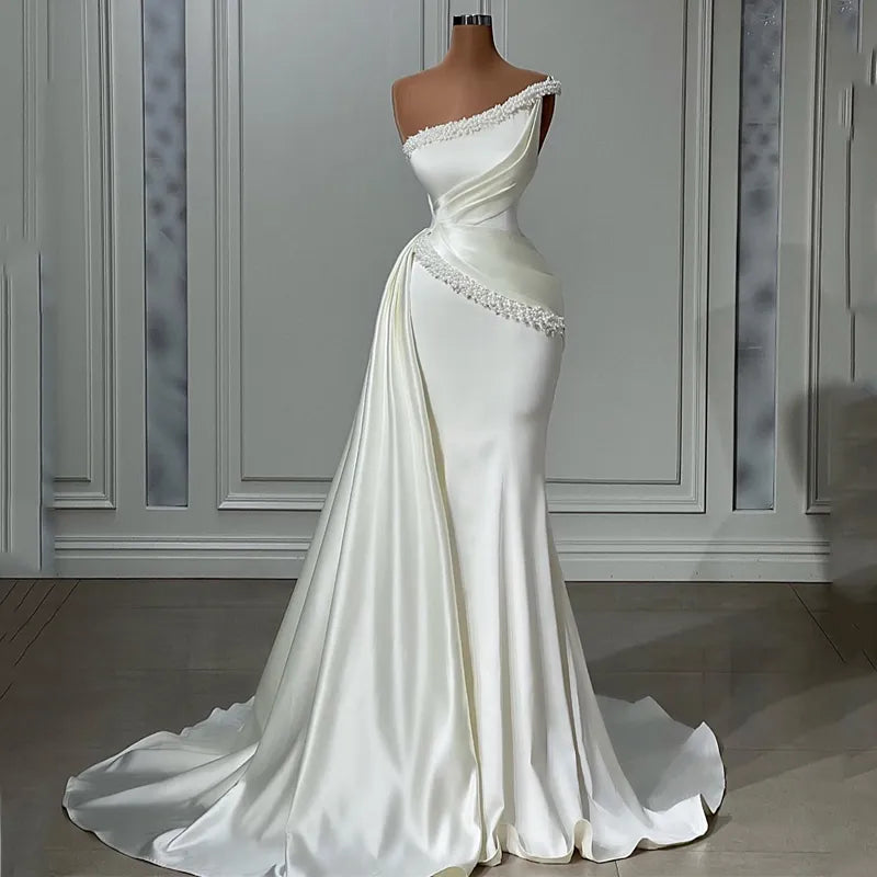 Eightree Elegant Mermaid Wedding Dresses One Shoulder Pearls Dress White Beach Floor Length Wedding Evening Prom Gowns Plus Size Eightree Elegant Mermaid Wedding Dresses One Shoulder Pearls Dress White Beach Floor Length Wedding Evening Prom Gowns Plus Size