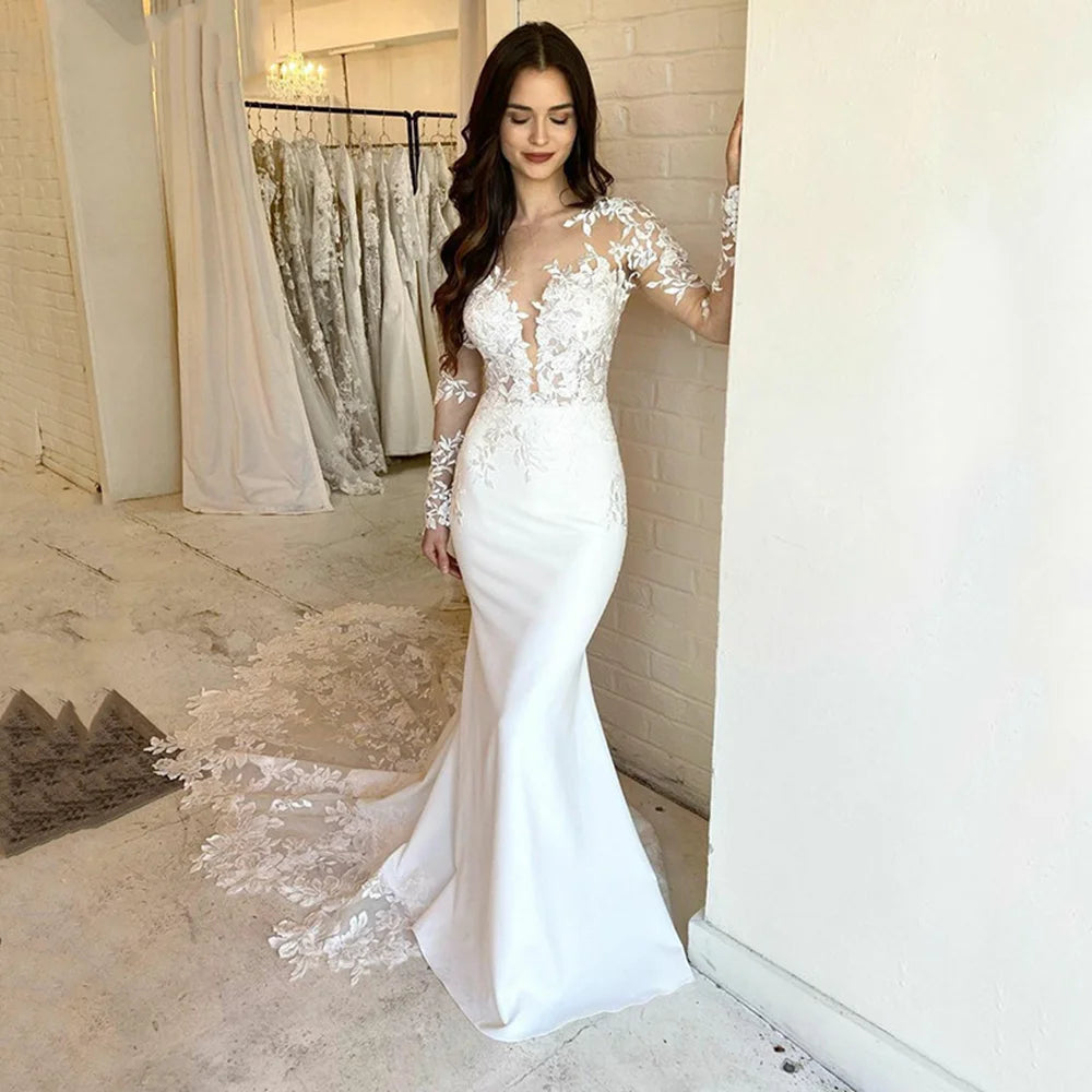 Elegant Lace Mermaid Wedding Dresses For Women Long Sleeve Lace Appliqued Bridal Gown Illusion Back Ivory Vestido De Novias Elegant Lace Mermaid Wedding Dresses For Women Long Sleeve Lace Appliqued Bridal Gown Illusion Back Ivory Vestido De Novias