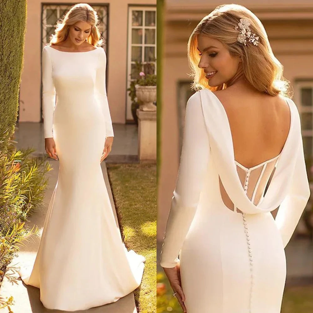 Elegant Mermaid Wedding Dresse Satin Cowl Back O-Neck Bridal Gown Simple White Long Sleeves Vestido de Novia 2024 Sweep Train Elegant Mermaid Wedding Dresse Satin Cowl Back O-Neck Bridal Gown Simple White Long Sleeves Vestido de Novia 2024 Sweep Train
