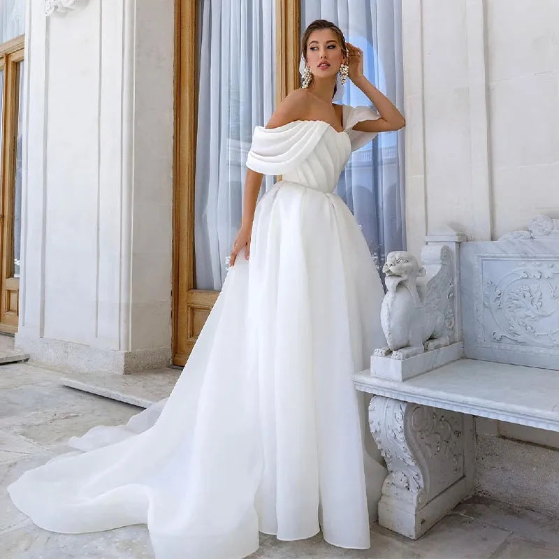 Elegant Off The Shoulder Organza Wedding Dresses Short Sleeves Boho Princess Bridal Gowns A-Line Simple Beach Vestidos Novia Elegant Off The Shoulder Organza Wedding Dresses Short Sleeves Boho Princess Bridal Gowns A-Line Simple Beach Vestidos Novia