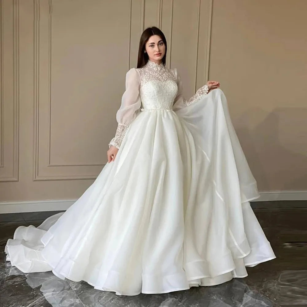 Gorgeous High Collar Elegant A Line Wedding Dress Lace Puff Long Sleeves High Neck Korea Wedding Bridal Gowns Robe de mariage Gorgeous High Collar Elegant A Line Wedding Dress Lace Puff Long Sleeves High Neck Korea Wedding Bridal Gowns Robe de mariage