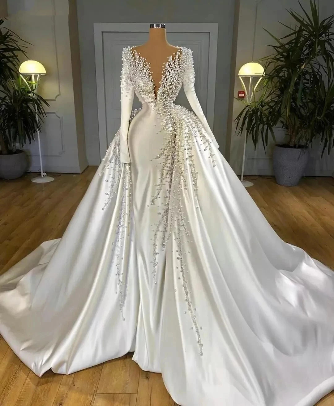 Gorgeous Pearls Mermaid Wedding Dresses With Detachable Train Long Sleeves V Neck Formal Bridal Gowns Ivory Satin Church Gorgeous Pearls Mermaid Wedding Dresses With Detachable Train Long Sleeves V Neck Formal Bridal Gowns Ivory Satin Church