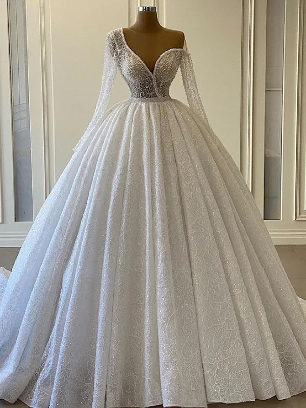 Gorgeous Sequin Lace Long Ball Gown Wedding Dresses, Long Sleeves Wedding Dresses, 2021 Wedding Dresses Gorgeous Sequin Lace Long Ball Gown Wedding Dresses, Long Sleeves Wedding Dresses, 2021 Wedding Dresses